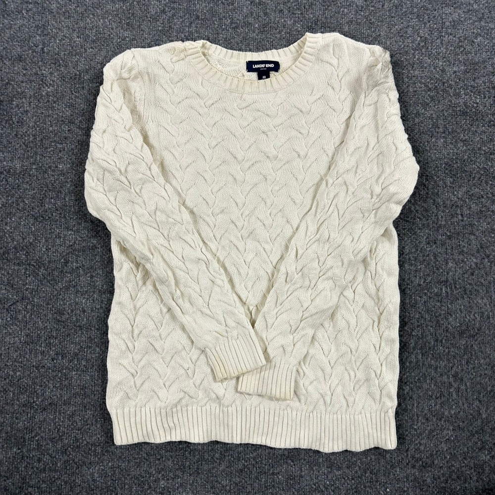 Lands' End Sweater Womens Size M Ivory Cable Knit Cotton Drifter Crew Neck Fair